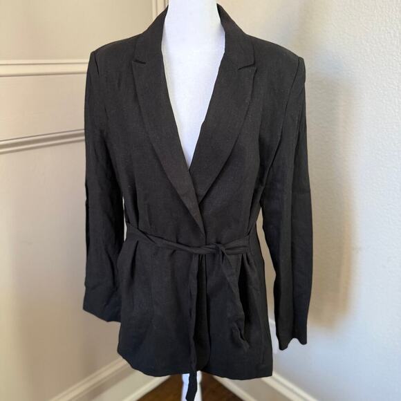 Scoop Linen Blazer Jacket Women Size M Black Lined Waist Tie Size L (12-14) - Picture 4 of 6